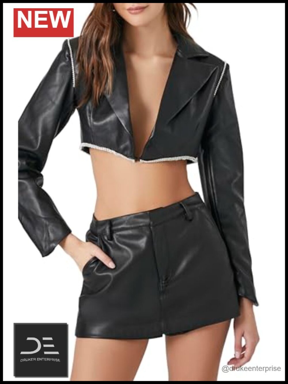 Cropped Faux Leather Jacket Notched Lapel Rhinestone Trim